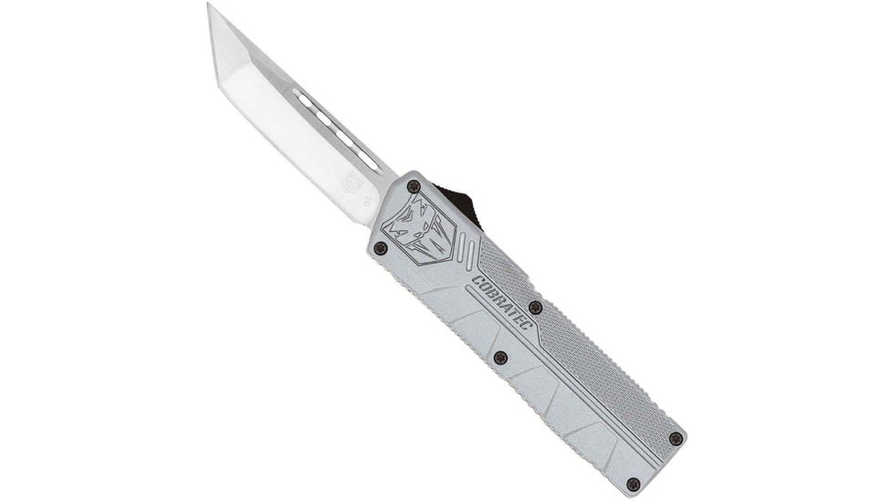 CobraTec Knives Lightweight OTF Automatic Folding Knives, 3.25in, D2 Steel, Tanto Non-Serrated, Grey Handle, GYCTLWTNS