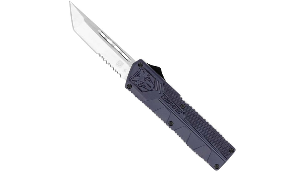 CobraTec Knives Lightweight OTF Automatic Folding Knives, 3.25in, D2 Steel, Tanto Serrated, Nypd Blue Handle, NYCTLWTS