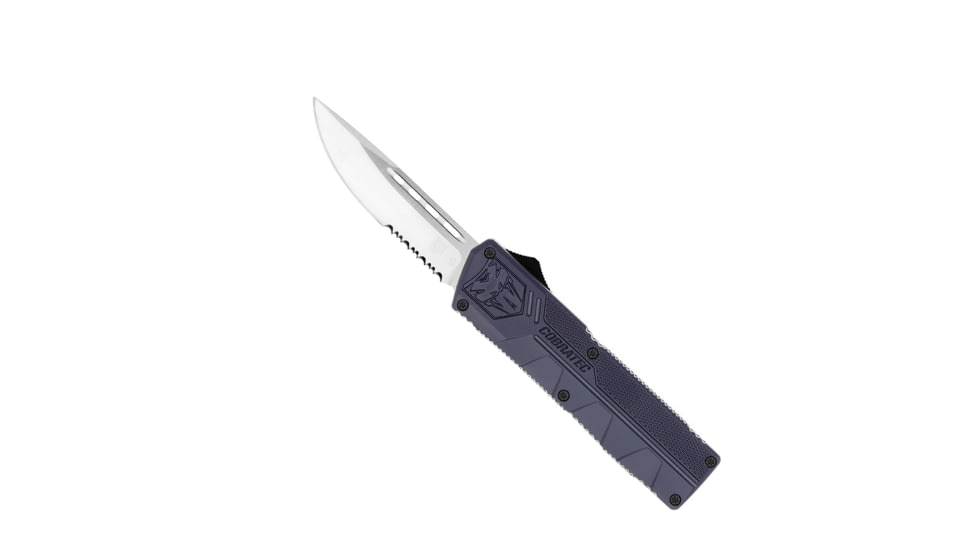CobraTec Knives Lightweight OTF Automatic Folding Knives, 3.25in, D2 Steel, Drop Serrated, Nypd Blue Handle, NYCTLWDS
