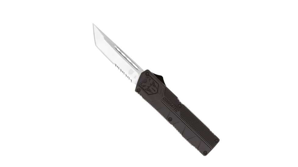 CobraTec Knives Lightweight OTF Automatic Folding Knives, 3.25in, D2 Steel, Tanto Serrated, Black Handle, BCTLWTS