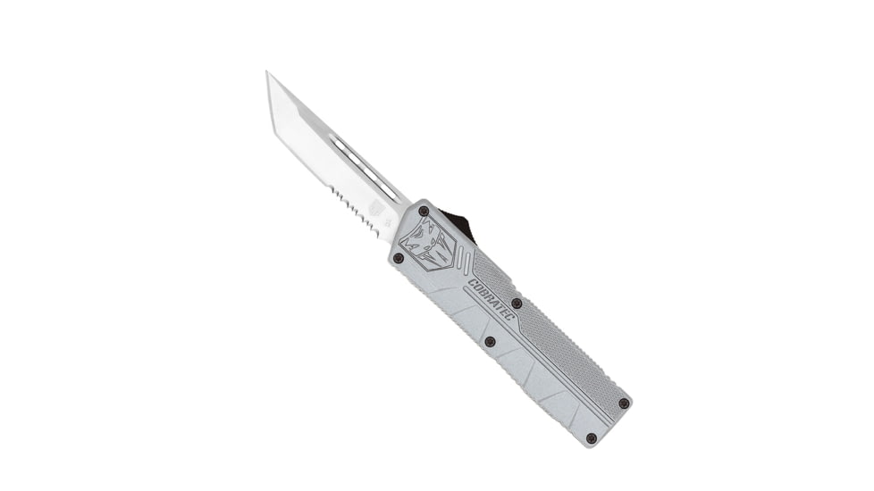 CobraTec Knives Lightweight OTF Automatic Folding Knives, 3.25in, D2 Steel, Tanto Serrated, Grey Handle, GYCTLWTS