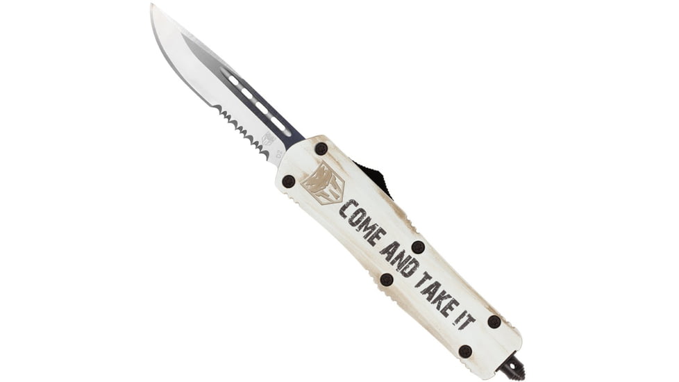 CobraTec Knives FS-3 Medium OTF Automatic Folding Knives, 3in, D2 Steel, Drop Serrated Blade, Cerakote/Come And Take It Handle, MCATIFS-3DS