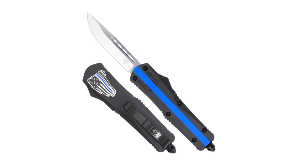 CobraTec Knives FS-3 Medium OTF Automatic Folding Knives, 3in, D2 Steel, Drop Non-Serrated Blade, Blue Line Usa Flag Handle, MBLUSAFS-3DNS