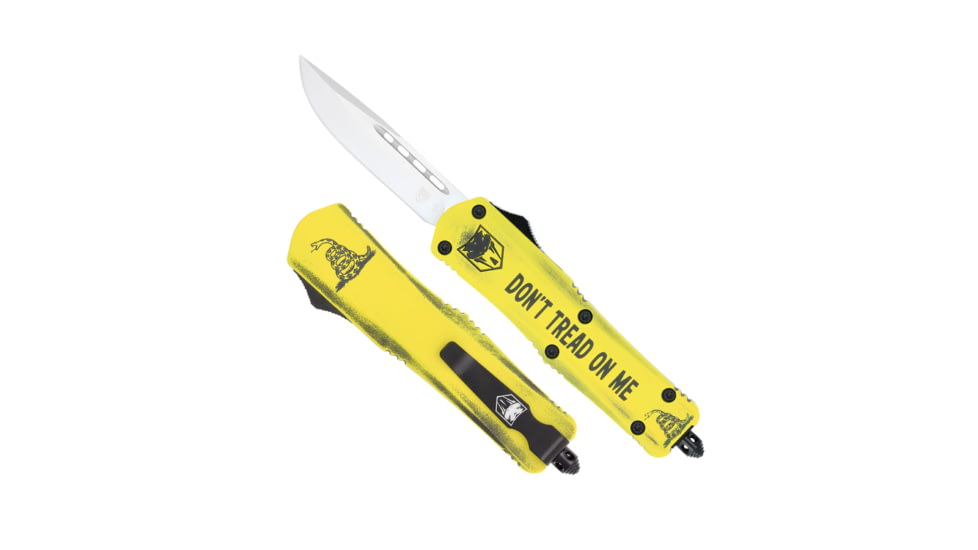 CobraTec Knives FS-3 Medium OTF Automatic Folding Knives, 3in, D2 Steel, Drop Non-Serrated Blade, Cerakote/Don'T Tread On Me Handle, MDTOMFS-3DNS
