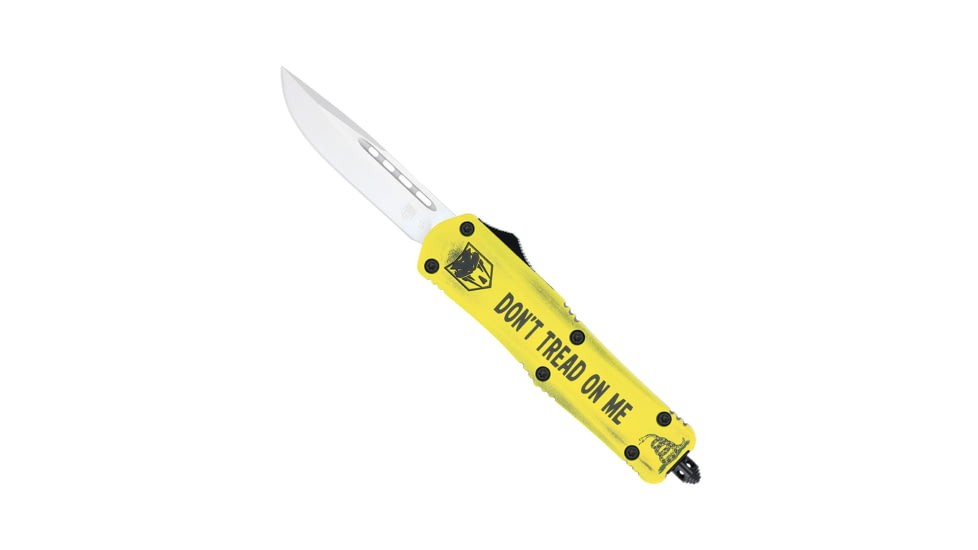 CobraTec Knives FS-3 Medium OTF Automatic Folding Knives, 3in, D2 Steel, Drop Non-Serrated Blade, Cerakote/Don'T Tread On Me Handle, MDTOMFS-3DNS