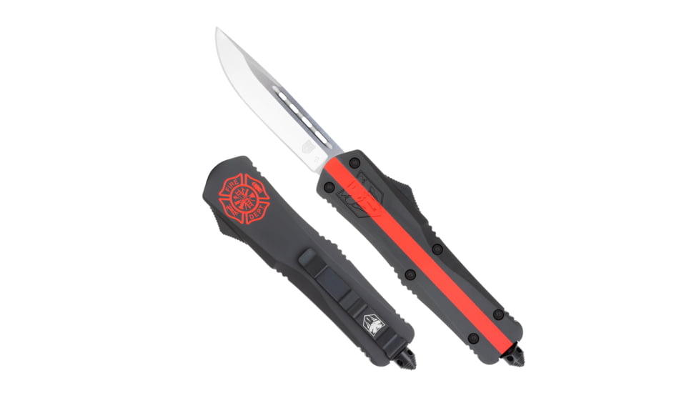 CobraTec Knives FS-3 Medium OTF Automatic Folding Knives, 3in, D2 Steel, Drop Non-Serrated Blade, Red Line Fire Fighter Handle, MRLFFFS-3DNS
