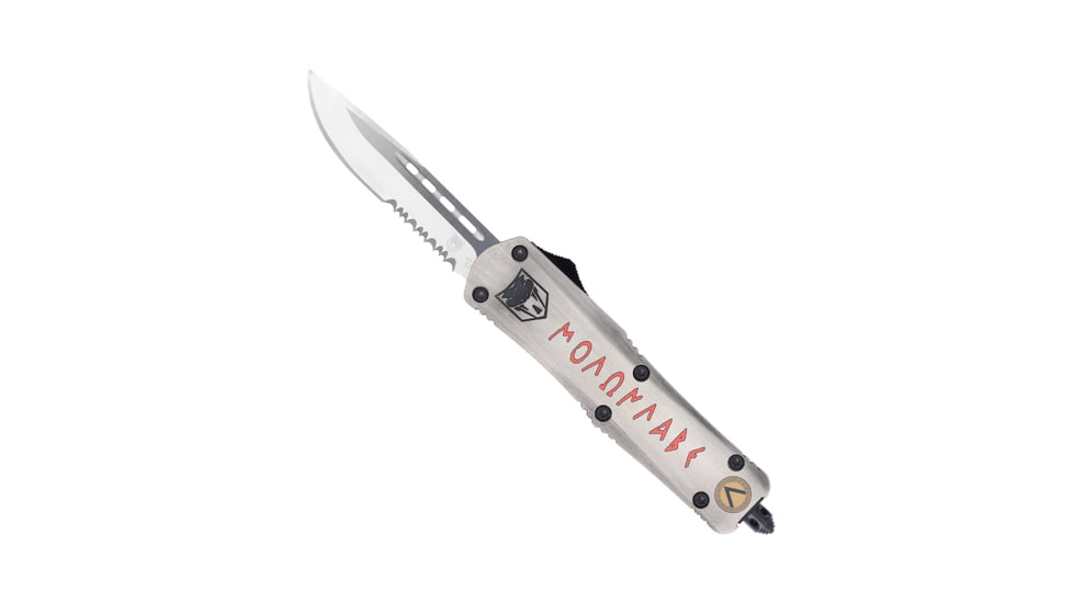 CobraTec Knives FS-3 Medium OTF Automatic Folding Knives, 3in, D2 Steel, Drop Serrated Blade, Cerakote/Molon Labe Handle, MMLFS-3DS