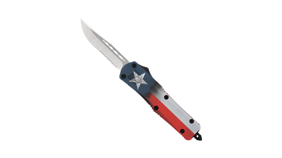 CobraTec Knives FS-3 Medium OTF Automatic Folding Knives, 3in, D2 Steel, Drop Serrated Blade, Cerakote/Tx Flag Handle, MCTXFS-3DS