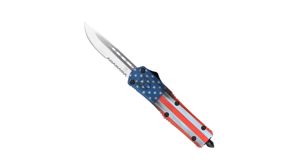 CobraTec Knives FS-3 Medium OTF Automatic Folding Knives, 3in, D2 Steel, Drop Serrated Blade, Cerakote/Usa Flag Handle, MCUSAFS-3DS