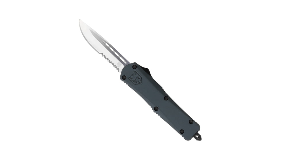 CobraTec Knives FS-3 Medium OTF Automatic Folding Knives, 3in, D2 Steel, Drop Serrated Blade, Grey Handle, MGYFS-3DS