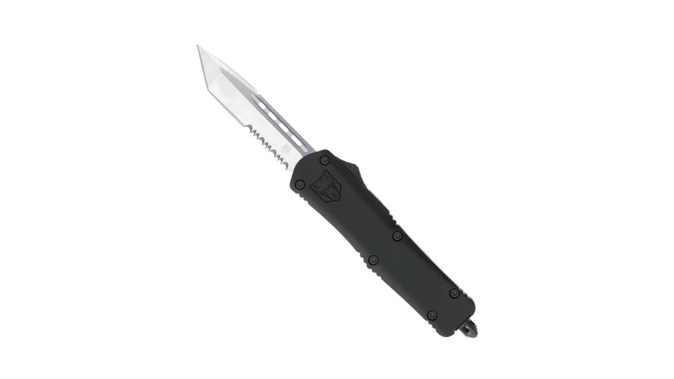 CobraTec Knives FS-3 Medium OTF Automatic Folding Knives, 3in, D2 Steel, Tanto Serrated Blade, Black Handle, MBFS-3TS