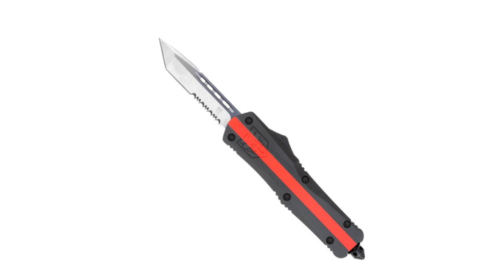 CobraTec Knives FS-3 Medium OTF Automatic Folding Knives, 3in, D2 Steel, Tanto Serrated Blade, Red Line Fire Fighter Handle, MRLFFFS-3TS