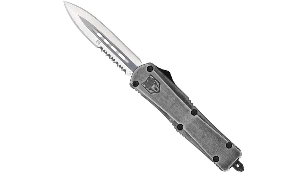 CobraTec Knives FS-3 Medium OTF Automatic Folding Knives, 3in, D2 Steel, Dagger 1 Sided Serrated Blade, Stonewash Aluminum Handle, MSWFS3DAG1SS