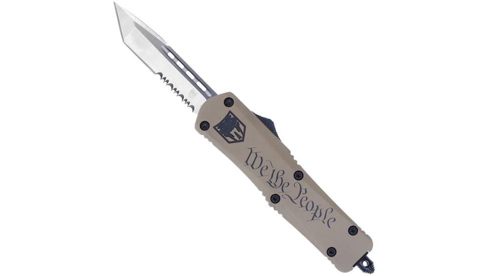 CobraTec Knives FS-3 Medium OTF Automatic Folding Knives, 3in, D2 Steel, Tanto Serrated, Sand Handle, MWTPFS3TS