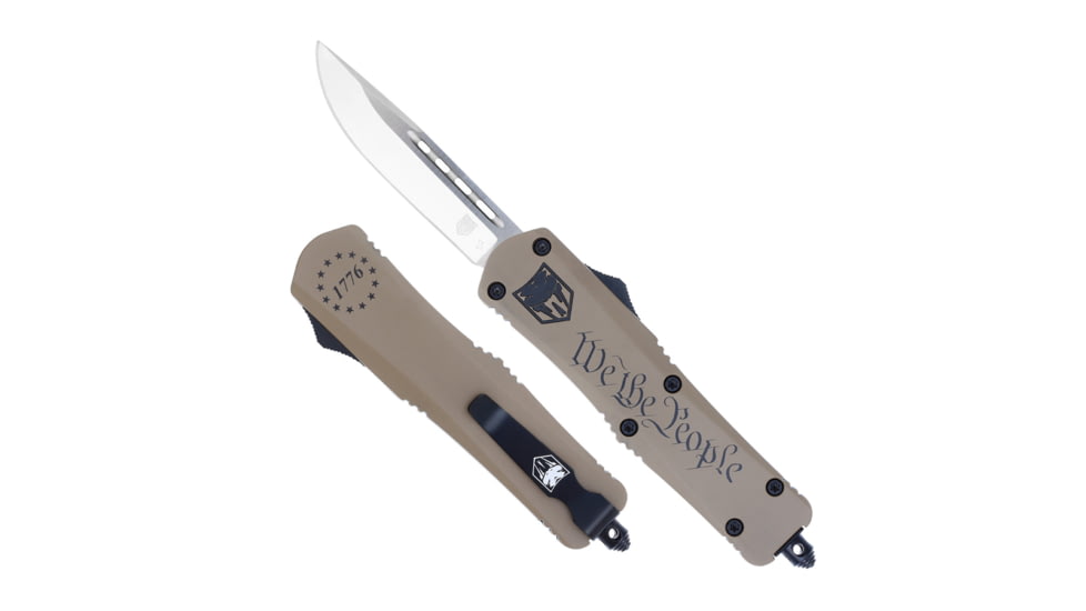 CobraTec Knives FS-3 Medium OTF Automatic Folding Knives, 3in, D2 Steel Blade, Drop Point Plain Blade, Tan Cerakoted Aluminum Handle, MWTPFS-3DNS