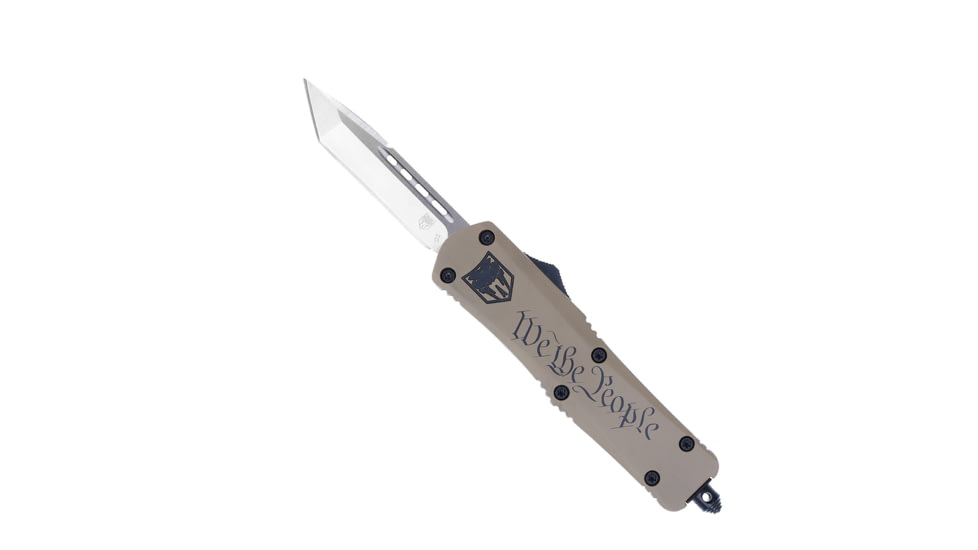 CobraTec Knives FS-3 Medium OTF Automatic Folding Knives, 3in, D2 Steel Blade, Tanto Point Plain Blade, Tan Cerakoted Aluminum Handle, MWTPFS-3TNS