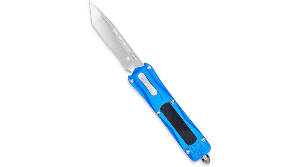 CobraTec Knives Queen Cobra Automatic Folding Knife, 3.13in, D2 Steel Blade, Tanto Plain Blade, Blue Aluminum Handle w/Carbon Fiber Inlay, BLUQCTNS