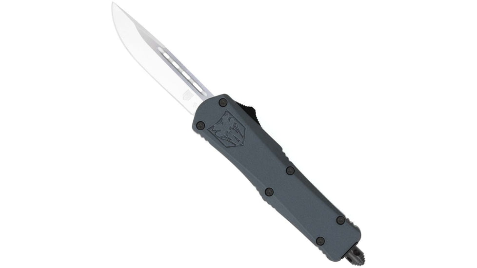 CobraTec Knives FS-3 Small OTF Automatic Folding Knife, 2.75in, D2 Steel, Drop Non-Serrated Blade, Grey Handle, SGYFS-3DNS