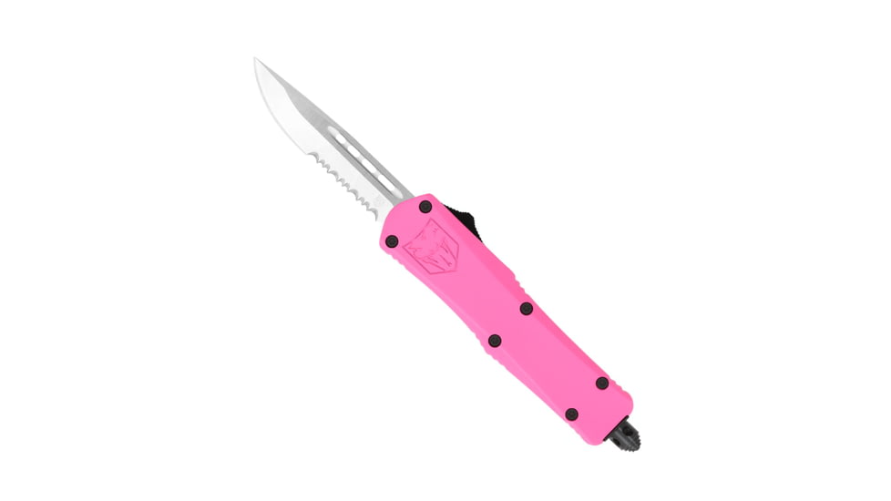 CobraTec Knives FS-3 Small OTF Automatic Folding Knife, 2.75in, D2 Steel, Drop Serrated Blade, Pink Handle, SPKFS-3DS