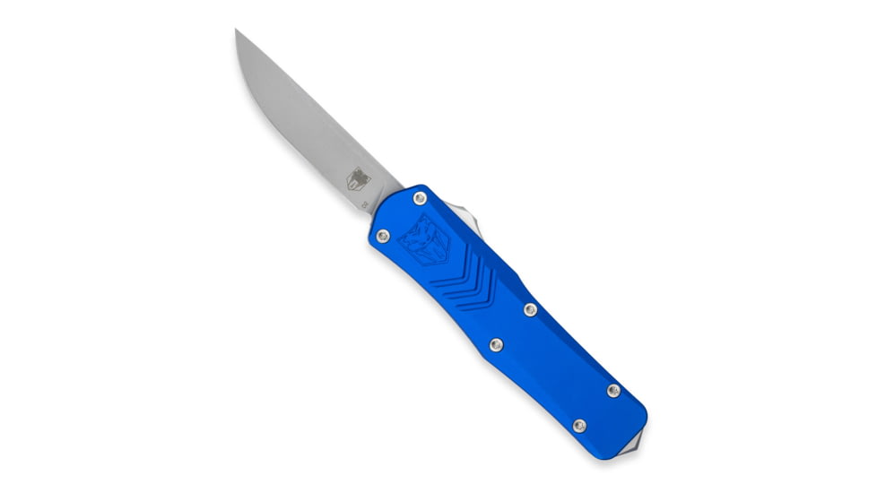 CobraTec Knives FS-X Small Gen II OTF Knife, 2.75in, Stonewashed D2 Steel Blade, Drop Non-Serrated Blade, Blue Handle, SBLUFS-XGEN2DNS