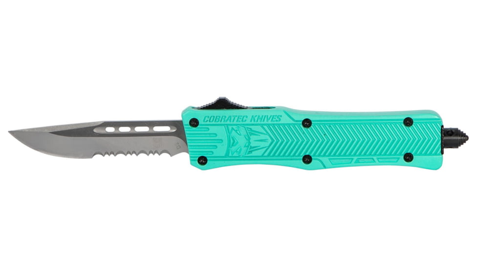 CobraTec Knives CTK-1 Small Automatic Folding Knife, 2.75in, D2 Steel, Drop Serrated Blade, Mint Blue Handle, STBCTK1SDS