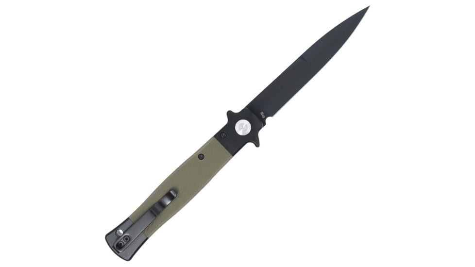 CobraTec Knives Stiletto Button Lock Folding Knife, 4 in, VG10 Steel, Spear Point Blade, G10, OD Green/Black Handle, CTSTLBLG10ODGBLK