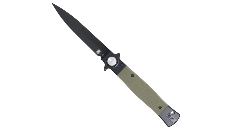 CobraTec Knives Stiletto Button Lock Folding Knife, 4 in, VG10 Steel, Spear Point Blade, G10, OD Green/Black Handle, CTSTLBLG10ODGBLK