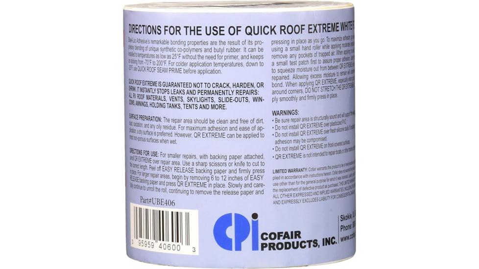 Cofair Products Quick Roof Extreme With Steel-Loc Adhesive, White, 4in x 6ft, Pack of 12, UBE406-DISPLAY