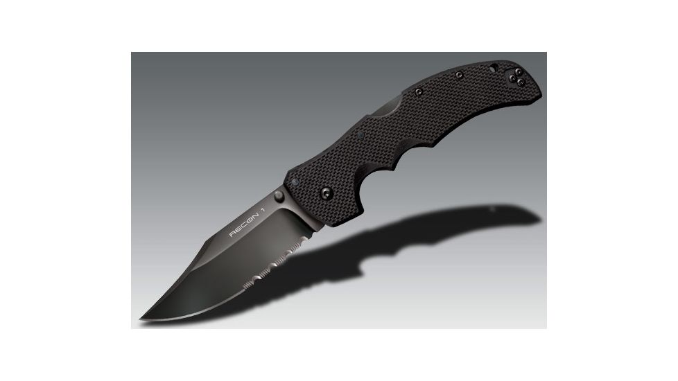 Cold Steel Recon 1 Folding Knife, 4in Clip Point Combo Carpenters CTS-XHP Alloy w/ DLC Coating, Black G10 Handle, CS-27TLCCH