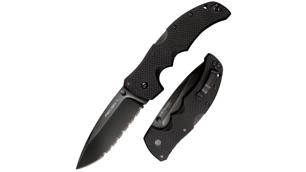 Cold Steel Recon 1 Folding Knife, 4in Spear Point Serrated Carpenters CTS XHP Alloy w/ DLC Coating, Black G10 Handle, CS-27TLCSS