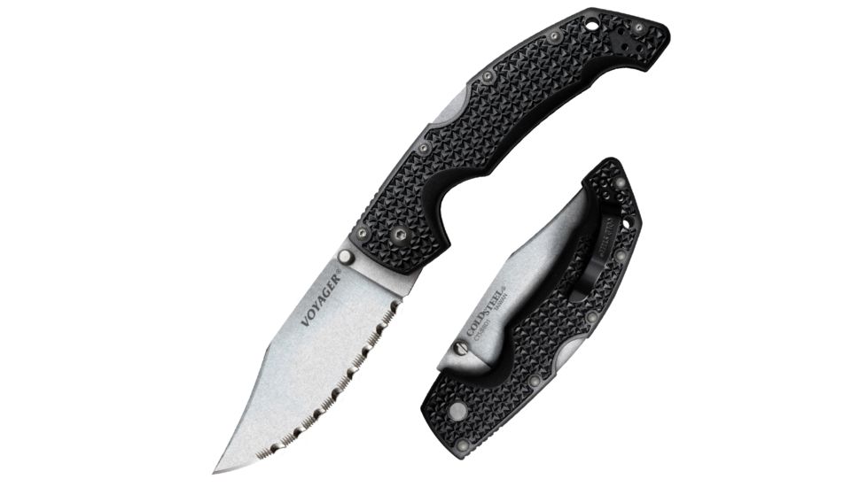 Cold Steel Voyager Folding Knife w/Griv-Ex Handle, 4in Clip Point Serrated Blade, Black, CS-29TLCCS