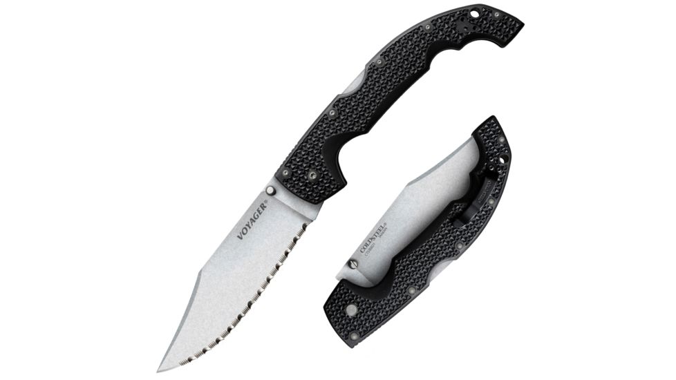 Cold Steel Voyager Folding Knife w/Griv-Ex Handle, 5.5in Clip Point Serrated Blade, Black, CS-29TXCCS