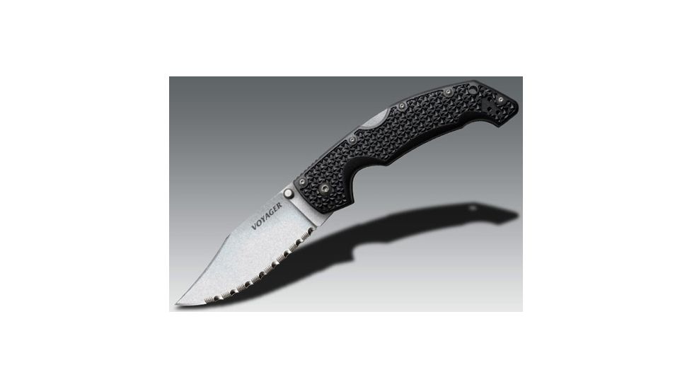 Cold Steel Voyager Folding Knife w/Griv-Ex Handle, 4in Clip Point Serrated Blade, Black, CS-29TLCCS