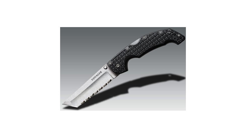 Cold Steel Voyager Large Folding Knife w/Griv-Ex Handle, 4in Tanto Serrated Blade, Black, CS-29TLCTS