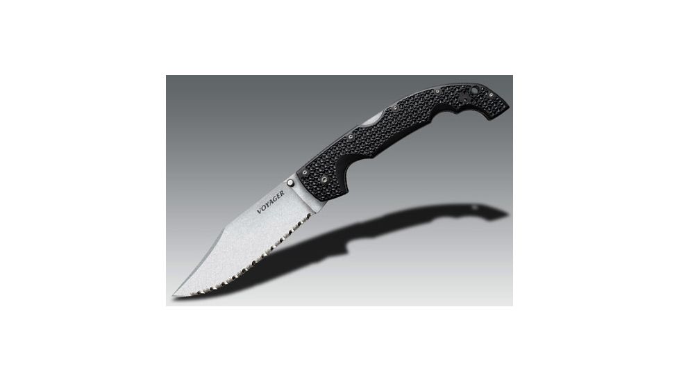 Cold Steel Voyager Folding Knife w/Griv-Ex Handle, 5.5in Clip Point Serrated Blade, Black, CS-29TXCCS