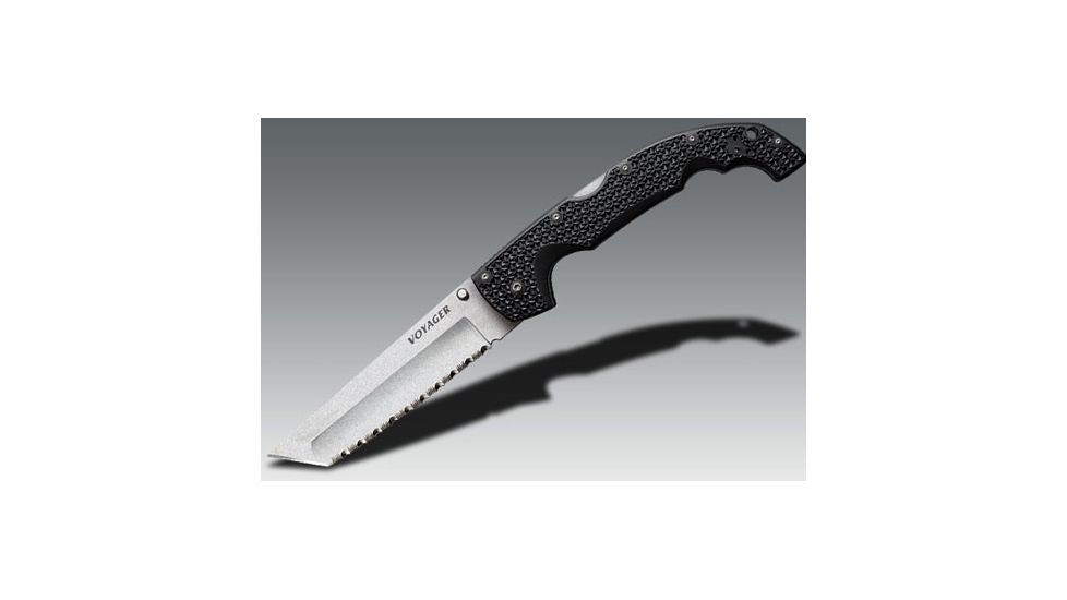 Cold Steel Voyager Folding Knife w/Griv-Ex Handle, 5.5in Tanto Serrated Blade, Black, CS-29TXCTS