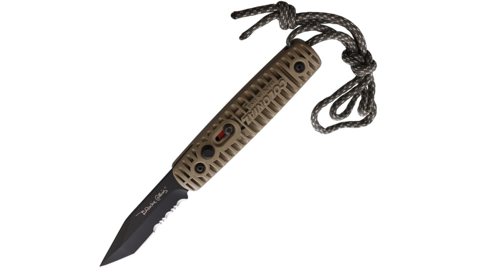 Colonial Auto Ranger Button Lock Automatic Folding Knives 2.75in, Black Oxide Coated Partially Serrated Stainless Tanto Blade, Tan Grooved Polymer Handle, COL110