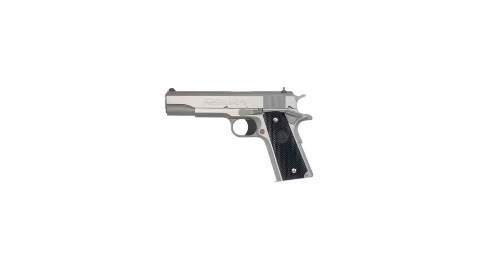 Colt 1991 Government Pistol, 9mm Luger, 5 in barrel, stainless steel frame, checkered black polymer grip, recoil operated semi-automatic, fixed white dot, late model, 9 round magazine, 1991 GVMT-9-2-FRRMPG