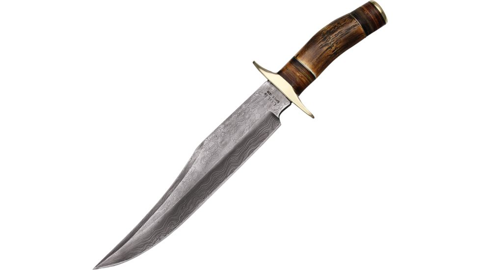 Colt Bandit Bowie Damascus Fixed Blade Knife, 9.875in, Long Clip Point, Round Stag/Brown Leather Stacked Handle CT823D