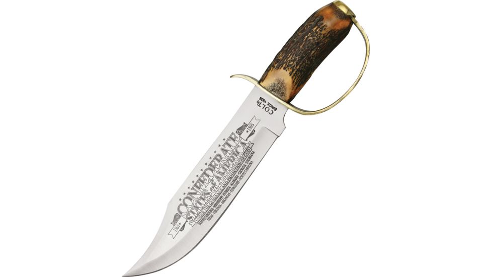 Colt Confederate D Guard Bowie Fixed Blade Knife, 10.375in, Bowie, Round Design Stag Handle CT827