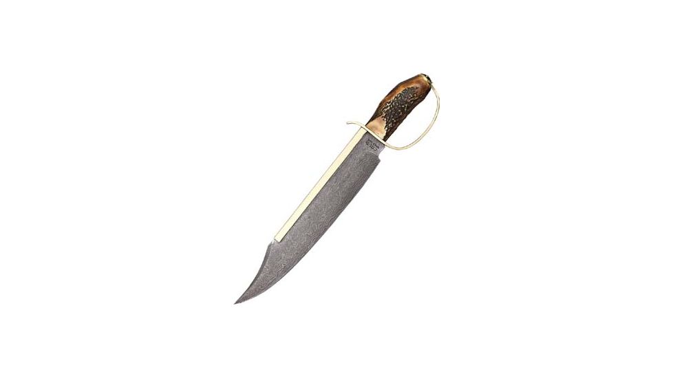 Colt Damascus D Guard Bowie Fixed Blade Knife, 19.5in, Damascus Steel Clip Point, Genuine Stag Handle CT826