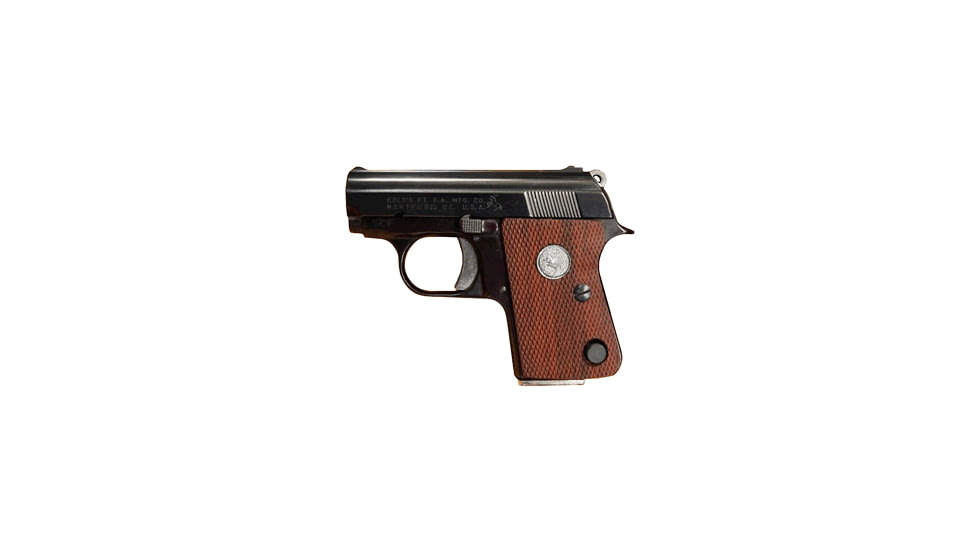 Colt Junior Pistol, .25 Auto, 2.25 in barrel, blued steel frame, checkered walnut grip, blowback operated semi-auto, fixed blade and notch, 1958 - 1968 model, 6 round magazine, Junior-25-1-FRRMPG