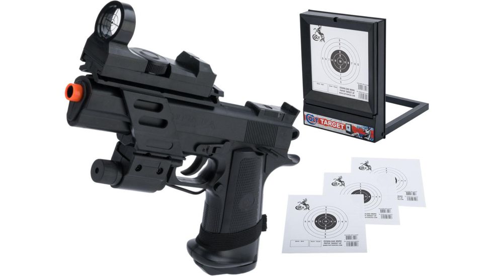 Colt Licensed MK IV Spring Powered Airsoft Pistol w/ Laser and Red Dot, Target Package, Black, Small, 18366 / 18356