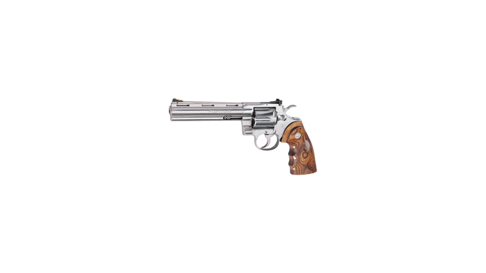 Colt Python Elite Revolver, .357 Magnum, 6 in barrel, stainless steel frame, walnut grip, revolving chamber, red ramp front, adj. white outline rear, 6 round cylinder, Python Elite-2-FRRMPG