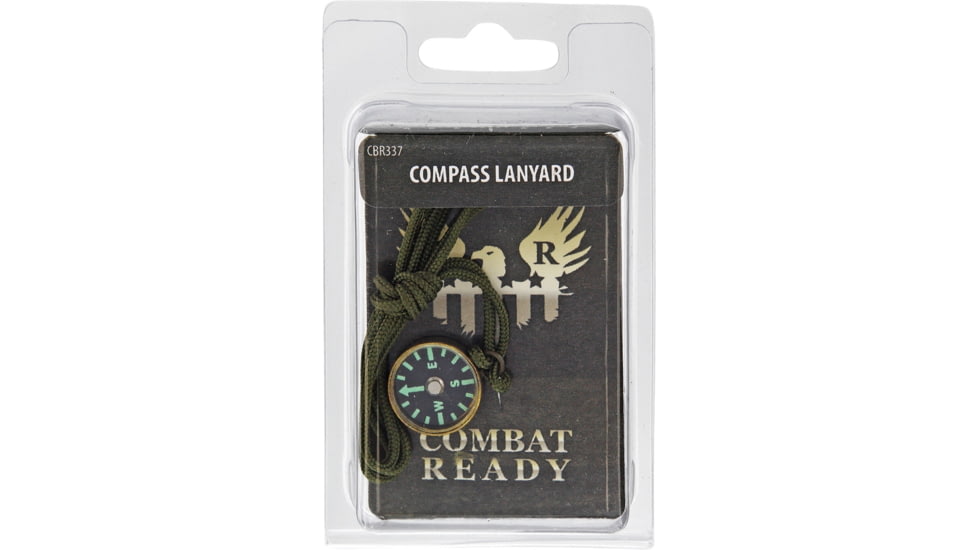 Combat Ready Compass With Neck Lanyard, 3/4in Diameter, Antique Brass Casing, Fluorescent Green Glow-In-The Dark Markings, OD Green Nylon Cord Lanyard, J20