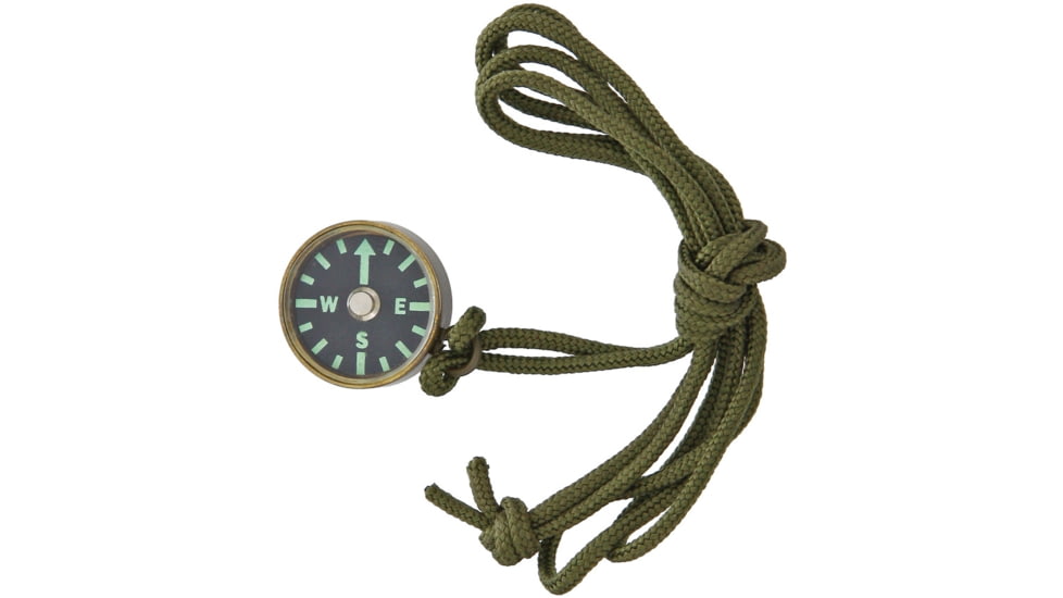 Combat Ready Compass With Neck Lanyard, 3/4in Diameter, Antique Brass Casing, Fluorescent Green Glow-In-The Dark Markings, OD Green Nylon Cord Lanyard, J20