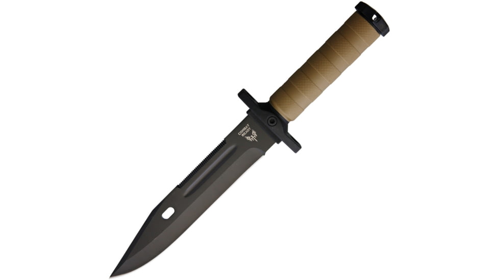 Combat Ready Fixed Blade Desert Tan Handle Knife, 8.25 black finish sawback stainless blade, Tan rubber handle, CBR370 / HK10188-140E