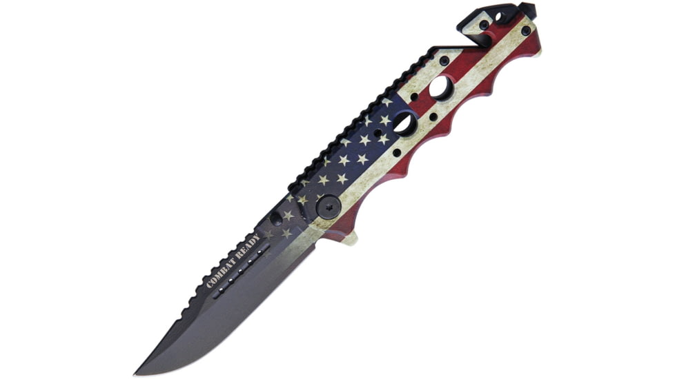 Combat Ready Flag Linerlock A/O Folding Knife, 4.75in Closed, 3.5in SS Clip Point Blade, Finger Grooved Aluminum, PK2747 / CBR368