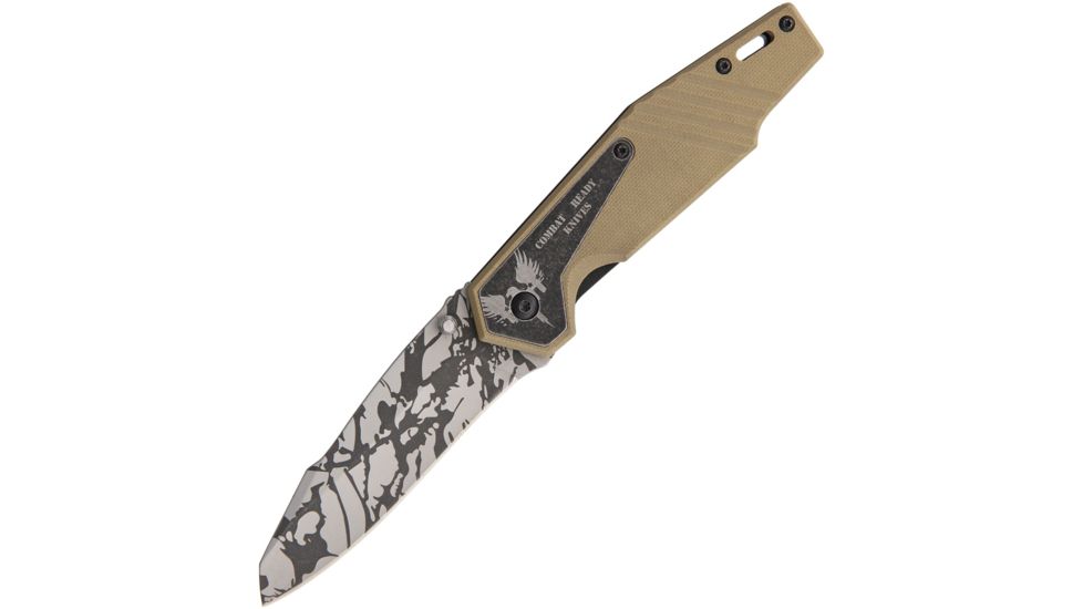 Combat Ready Linerlock A/O Folding Knife,3.375in,Stainless Steel,Black and Gray Camo,Tan,G10 Handle CBR335