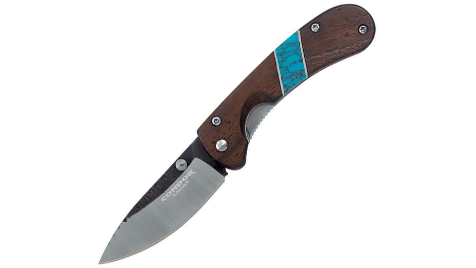 Condor Blue River Hunter Linerlock Folding Knife, 3 natural 440C stainless blade, Walnut handle with Reconstituted turquoise inlay, CTK2828-3-4C